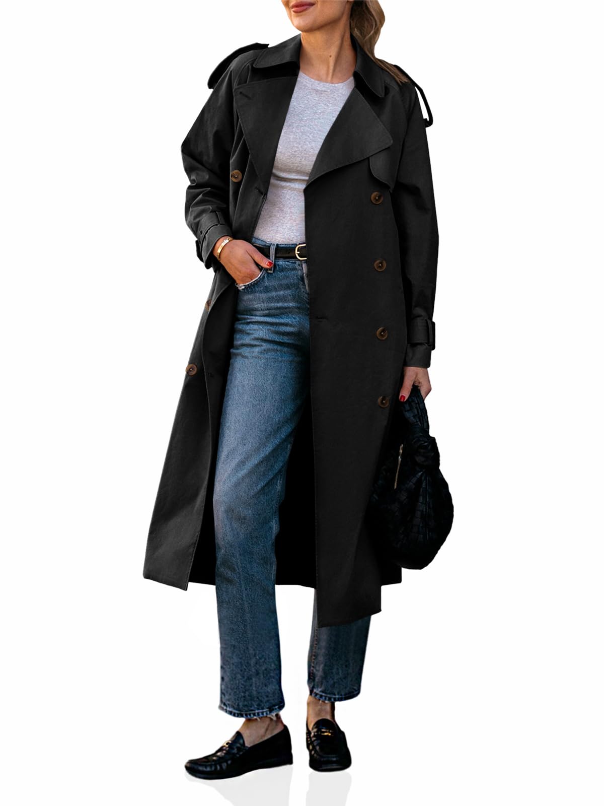 Cicy Bell Womens Long Trench Coat Double Breasted Classic Lapel Fall Overcoat with Belt