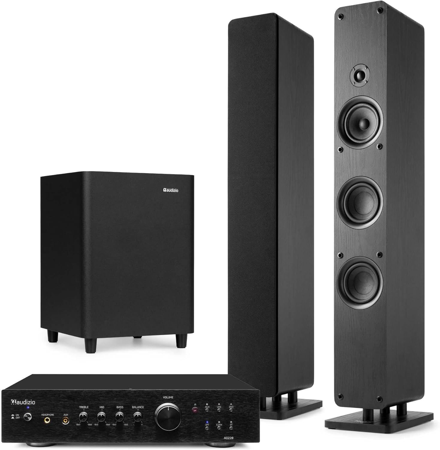 Audizio ARCO - Pack Home Cinéma 450W Noir - Colonnes Hi-​FI avec Subwoofer 6.5" et Amplificateur Intégré - Son Puissant pour TV, Films, Musique et Salon Moderne