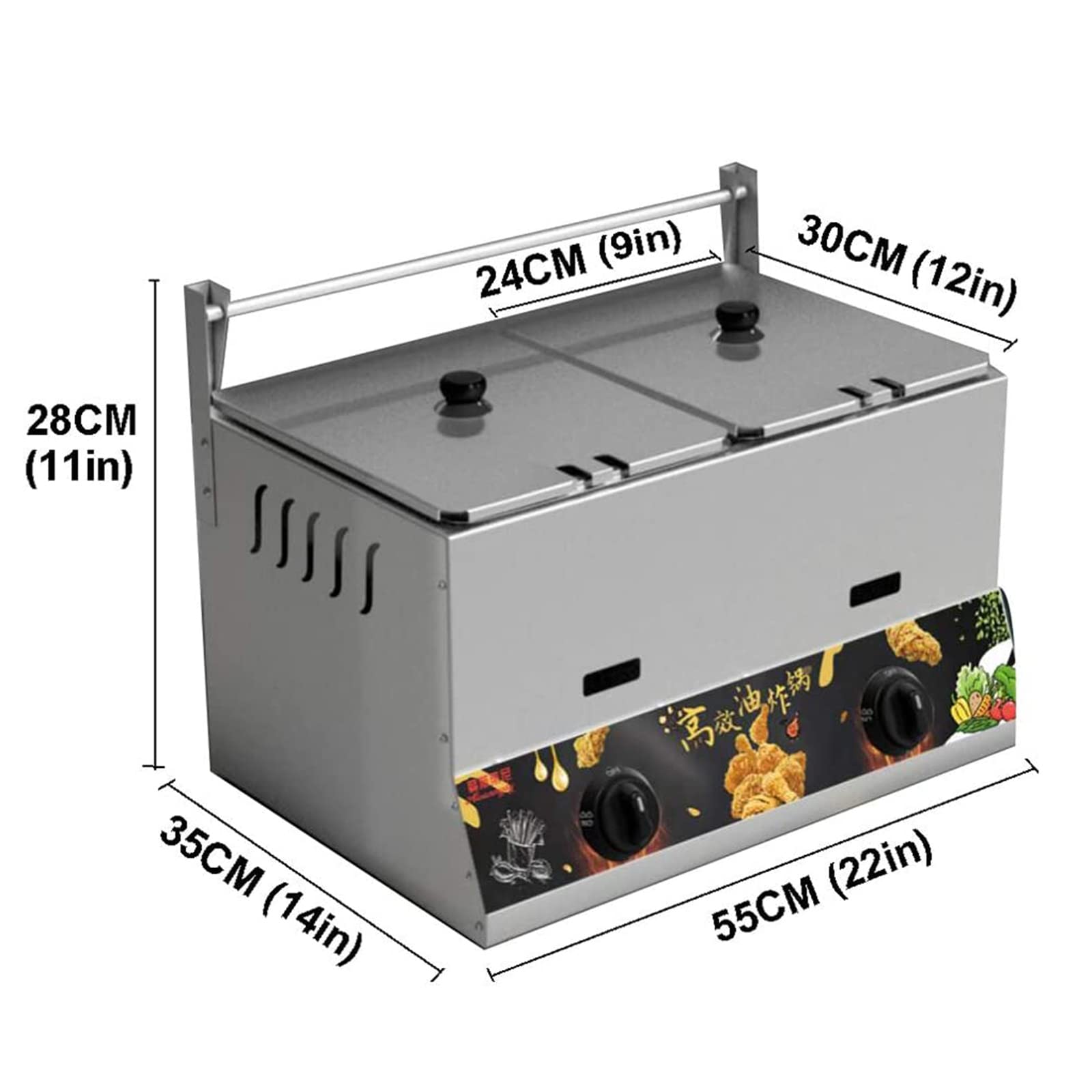 Freidora de acero inoxidable con 2 cestas – Freidora de grasa profunda de gas de 22 L para equipos de cocina comerciales de restaurantes y hogares