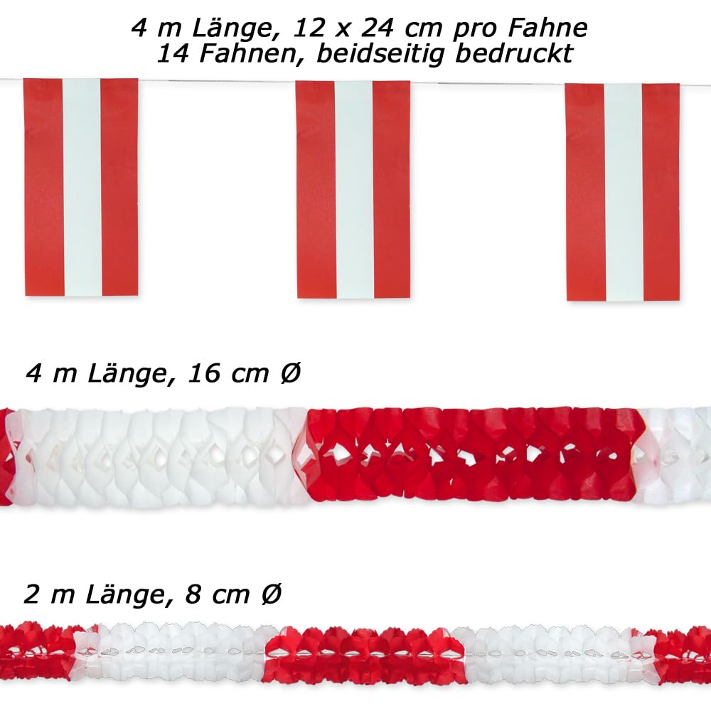 Österreich Deko Set rotweißrot groß - Partydeko im Design der rot-weißen, österreichischen Flagge, Girlanden, Fähnchen, Fahnenkette, Tischdeko Motive, Dekohänger, Lampion, Servietten im Dekoset