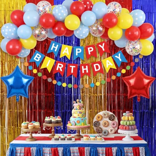Image of TONIFUL 2Pcs Yellow Red Blue Metallic Tinsel Foil Fringe Curtains Streamers | 3.3ftx6.6ft Photo Booth Backdrop Door Curtain Streamer for Birthday Baby Shower Sports Party Holiday Celebration Decorations