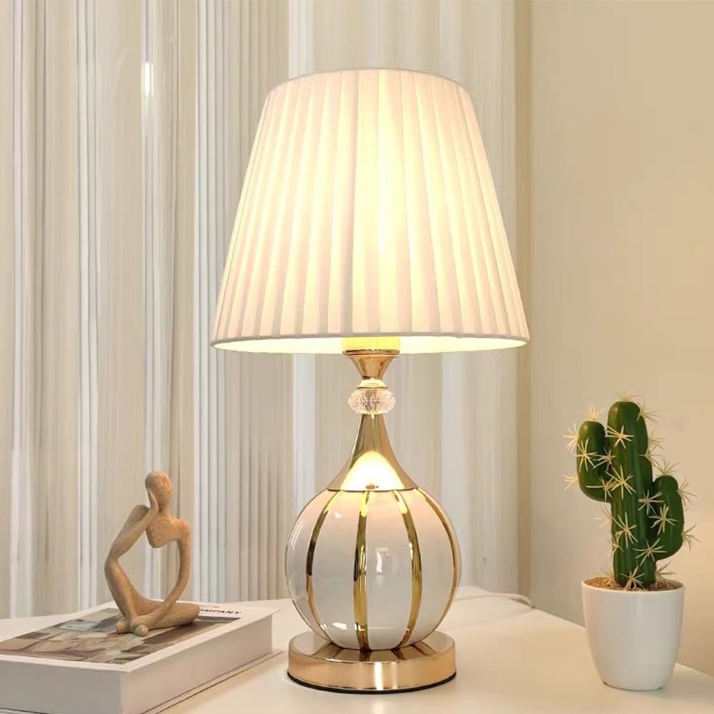 Mengjay Lampada da tavolo in ceramica vintage, Base Sferica,lampada da comodino per soggiorno, camera da letto in tessuto, Luce da lettura, Luce da scrivania, E27 Luce notturna (Bianco)