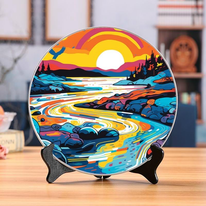 Tidal River 10-inch Ceramic Plate for Wall Display or Tabletop, with Stand & Hook DP-427877881