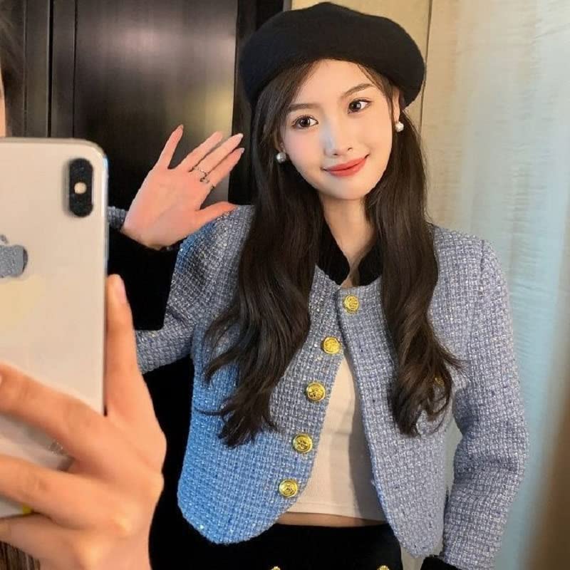 CHONG FENG XIA Autumn Women's Stand Collar Slim Single Breasted Tweed Suit Coat - Patchwork Blazers3