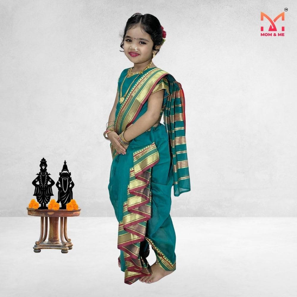 Mom and Me Girls' Ready-to-Wear Mastani Nauwari Saree with Stitched Blouse | Traditional Maharashtrian Ilkal Border | Soft Acrylic Cotton | Age 12 Months to 15 Years (Morpankhi, 4-5 Years) - Image 2 thumbnail