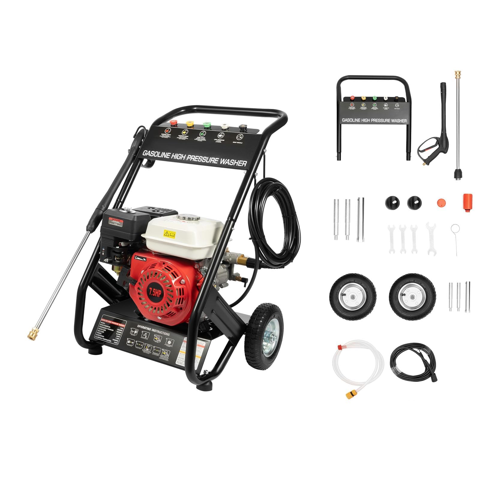 Hidrolavadora, Hidrolimpiadora de Alta Presion, Hidrolimpiadora Gasolina, Motor de 7CV, Presión 2200PSI, 5 Boquillas y Manguera, Agua a Presion Limpieza para Limpiar Patios, Coches o Fachadas