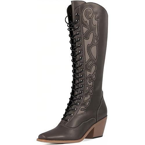 SO SIMPOK Lace Up Cowboy Boots for Women, Vintage Knee-High Cowgirl Boot, Low Heel Mid Calf Western Boots, Tall Square Toe Boot for Ladies