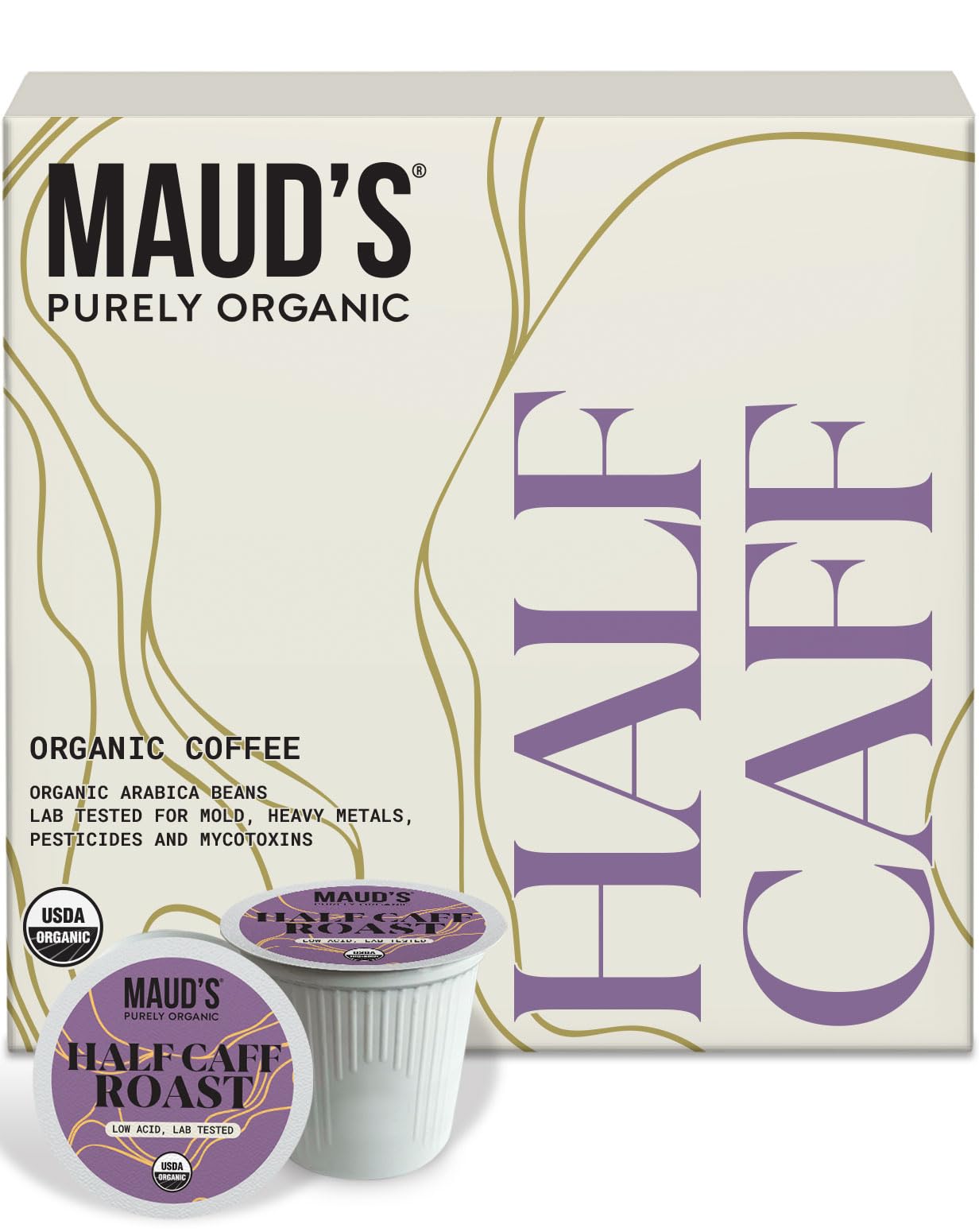 Maud's Purely Organic Low Acid Half Caff Medium Roast Coffee Pods – Swiss Water Process – 16ct | Lab Tested for Mold, Mycotoxins, Heavy Metals &