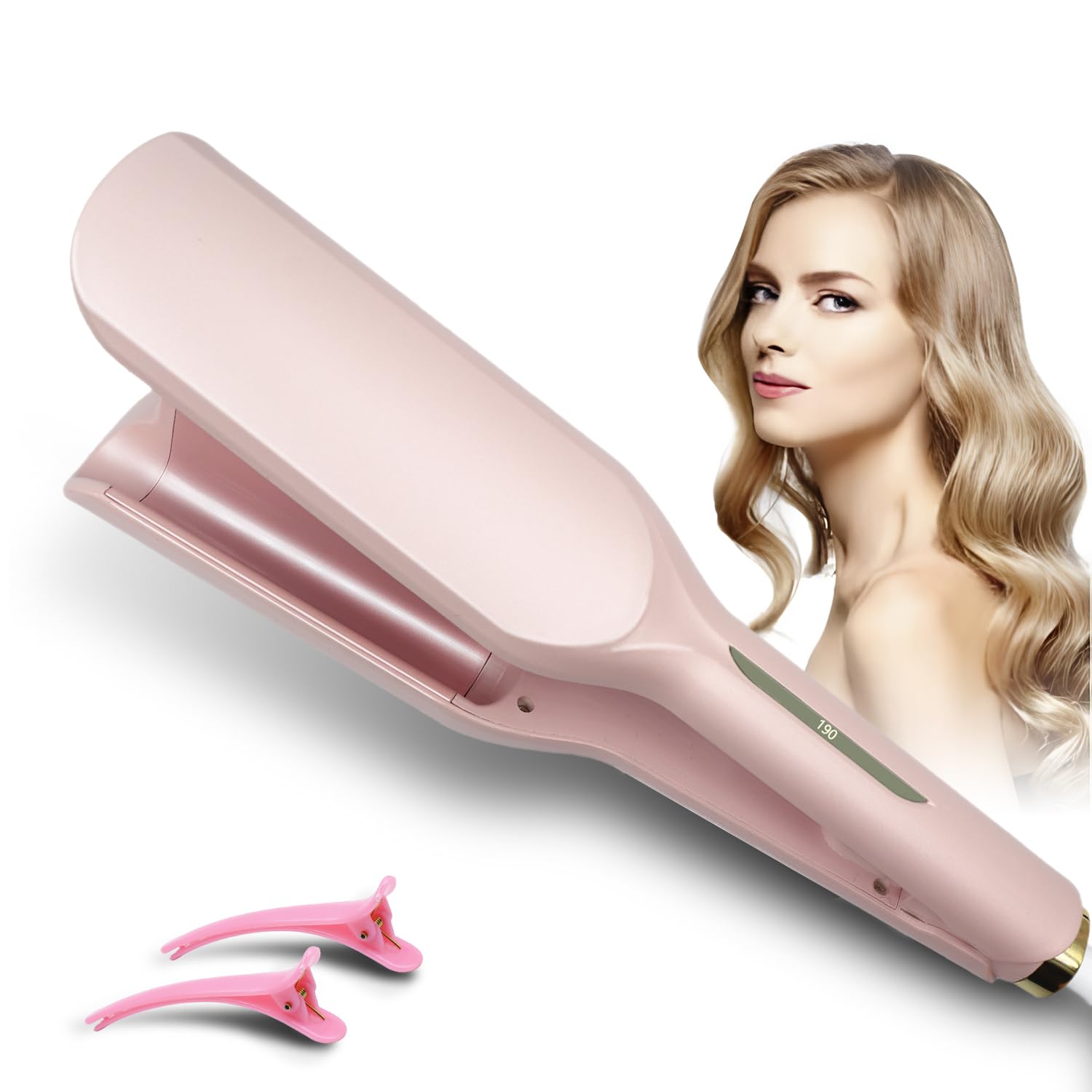 Großcat Planchas rizadoras, Rizador de Pelo 32MM, ondas profundas, ondas al agua, ondas sirena, moldeador de ondas, rizador francés para pelo largo/corto, rizadores de temperatura regulable (rosa)