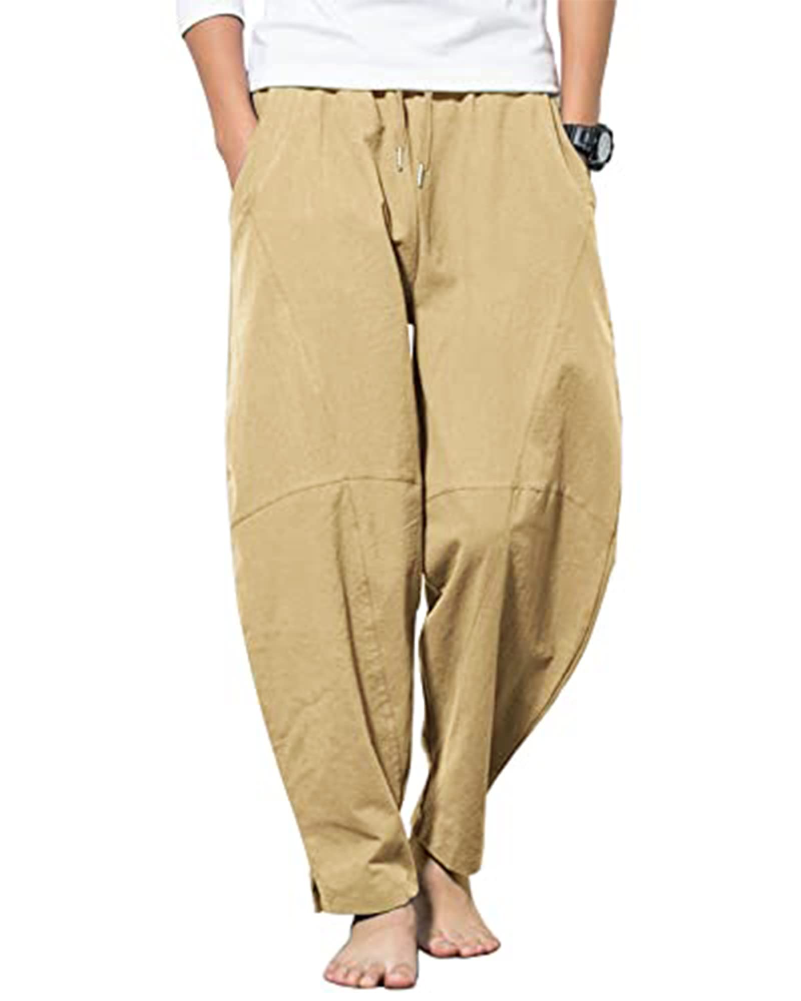 YAOBAOLE Herren Leinenhose Freizeit Loose Fit mit Taschen und Elastikbund