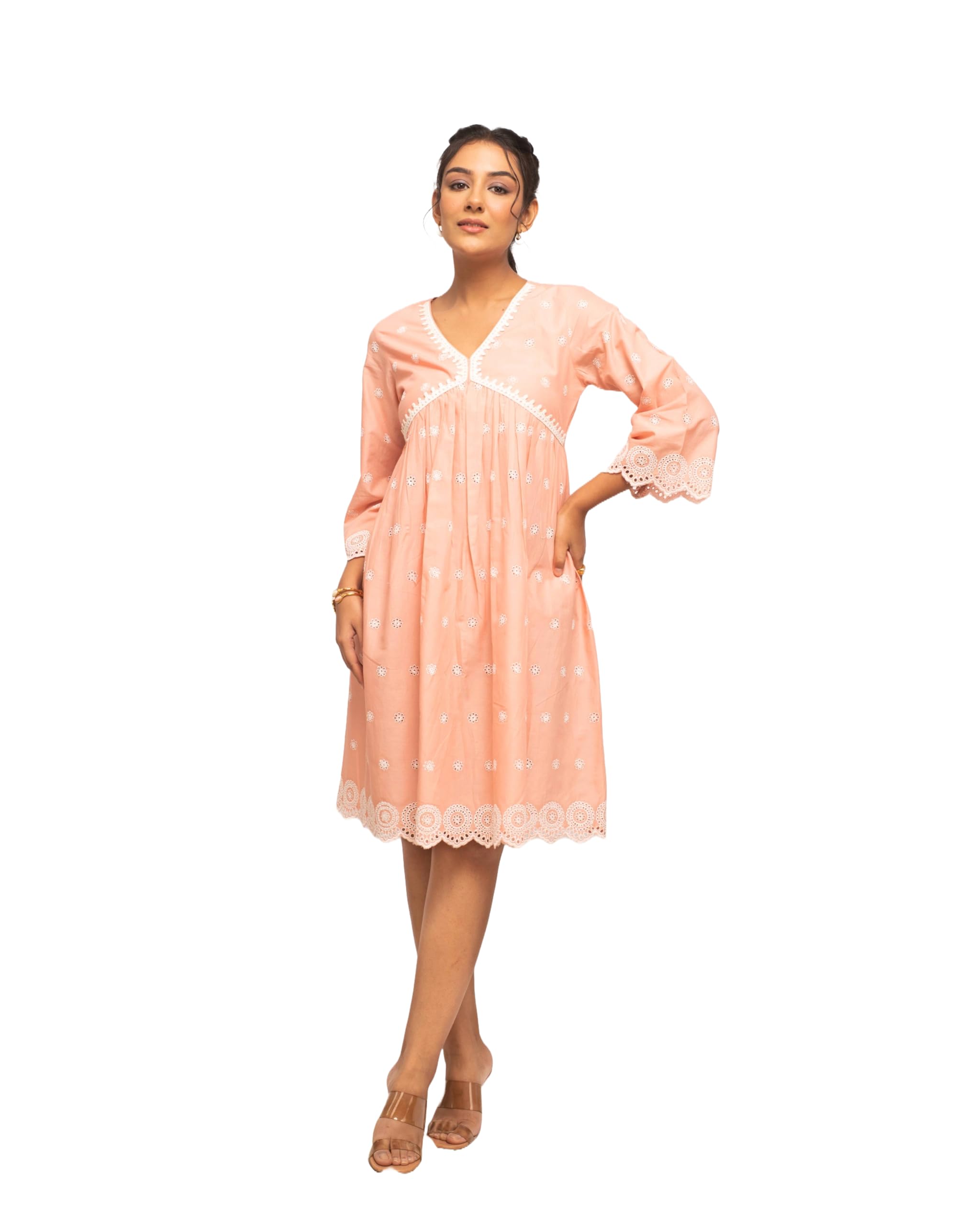 fiorra Women's Knee Length Schiffli Work Cotton Skater Dress-picture-4