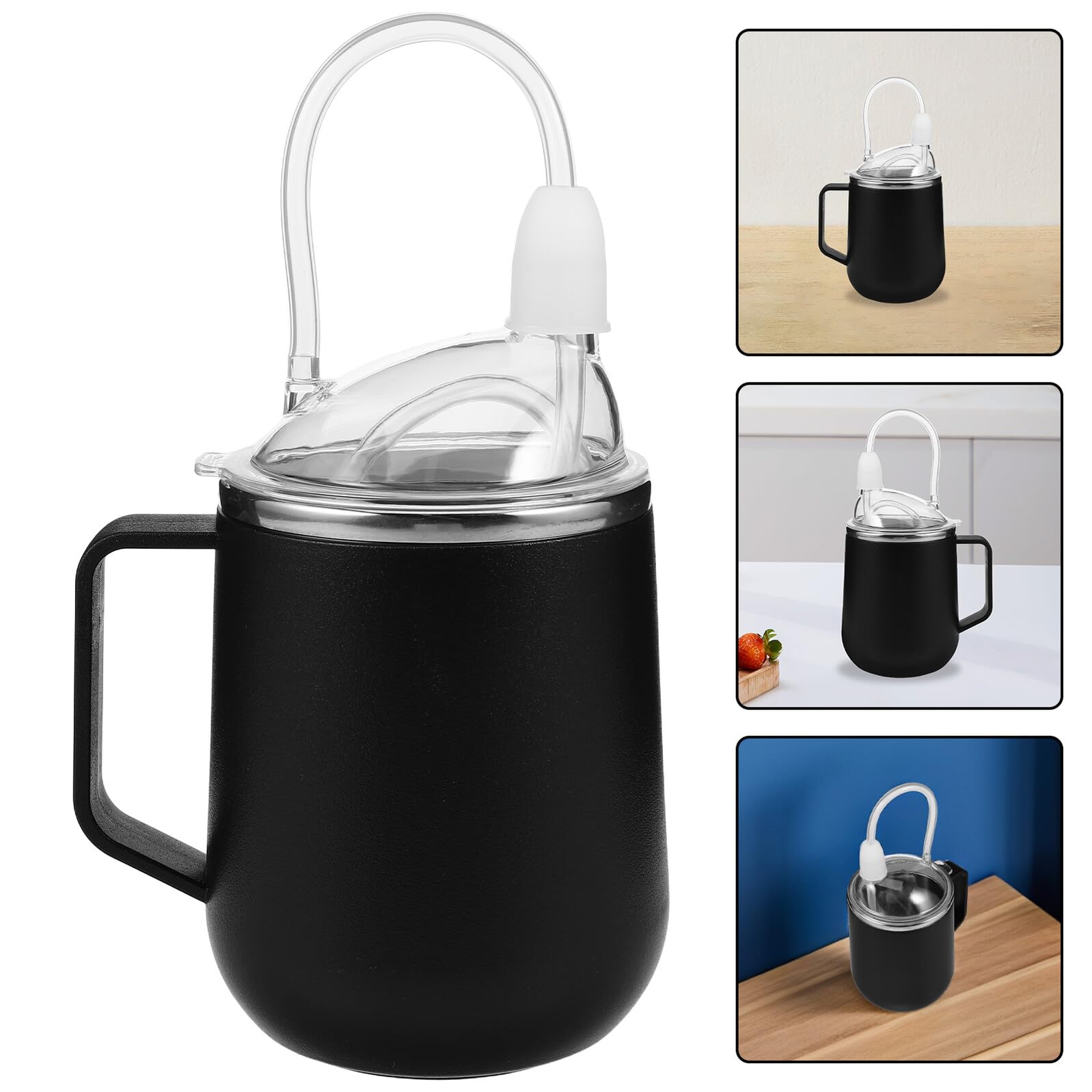 GANAZONO Trinkbecher mit Strohhalm 450ml Edelstahl für Erwachsene Schwarz