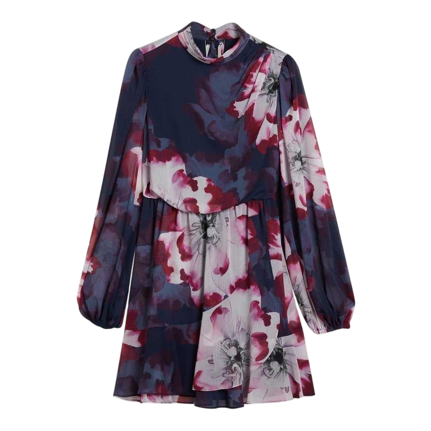 Ted Baker Womens WMD-Aracely-Printed Long Sleeve Neck Tie Mini Business Casual Dress, Navy, 12 UK