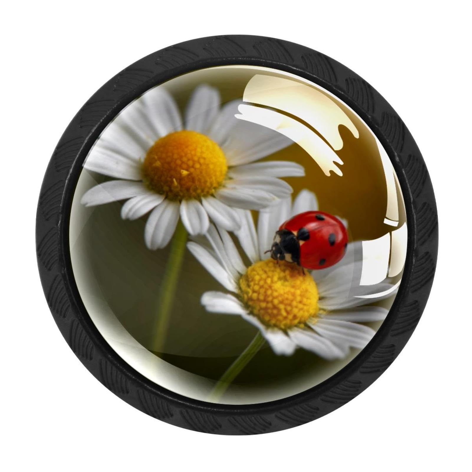 CHENZZZZ Daisy and Ladybug Drawer Knobs Pull Handles 4 Pcs Glass Cabinet Drawer Pulls for Home Kitchen Office Cabinet Cupboard