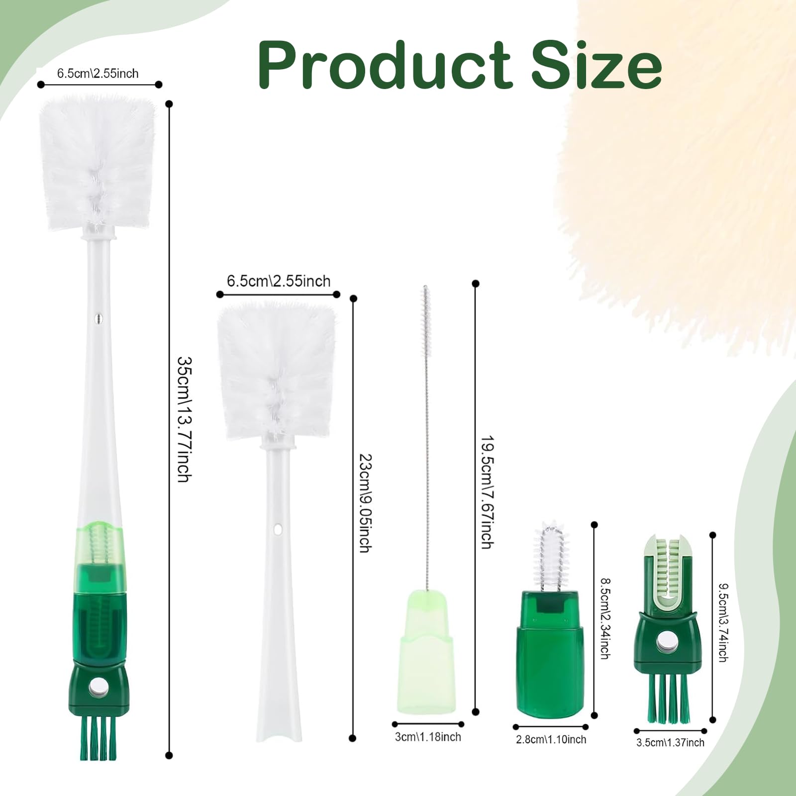 Brosse de Nettoyage Bouteille d'eau Multifonctionnelle 5 en 1 Brosse Gourde Brosse Longue pour Bébé avec 5 Têtes de Ensemble Brosses Nettoyage pour Biberons,Biberons Thermos,Pailles (Vert)