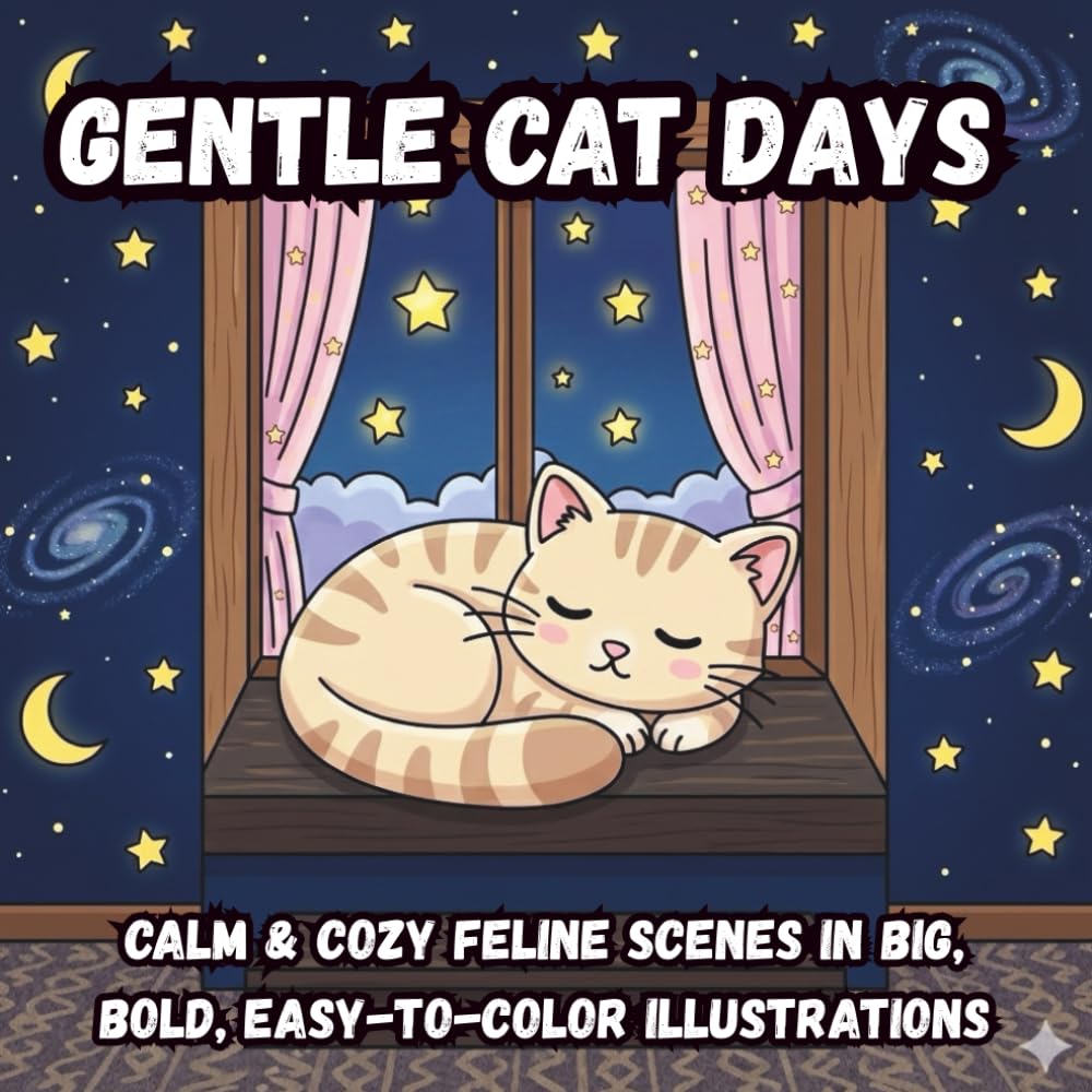 Gentle Cat Days: Calm & Cozy Feline Scenes in Big, Bold, Easy-to-Color Illustrations (Coloring Book)