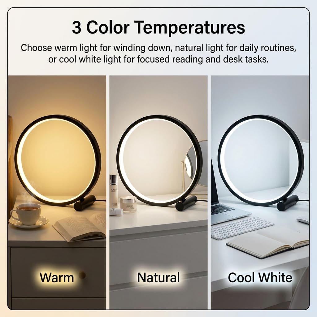 LED Desk Lamp for Bedroom,Touch Bedside Light with 3 Color Temperatures,Stepless Dimmable Round Table Lamp,6W Modern Nightstand Light for Reading,Living Room,Office,Black