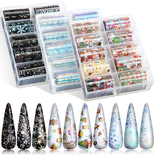 30 Rolls Christmas Nail Foil Transfer Stickers 30 Colors Art Nail Decals Snowflakes Elk Snowman Bells Pattern Glitter Adhesive Xmas Decoration Nail Stickers for Women DIY Nail Decor Holiday Supplies