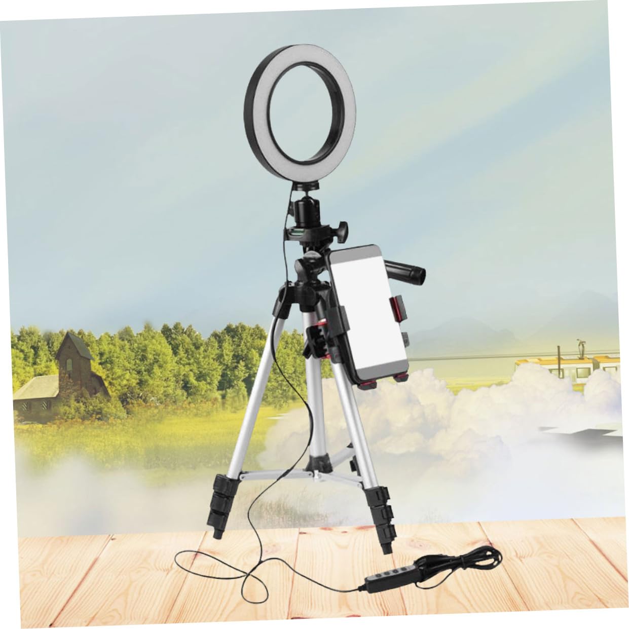 Mikinona Luce Anello LED con Treppiede Leggero per Streaming Live Video Youtube e Trucco Supporto Telefonico Multifunzionale con Controllo Sul Cavo e Alimentazione USB Colore Casuale