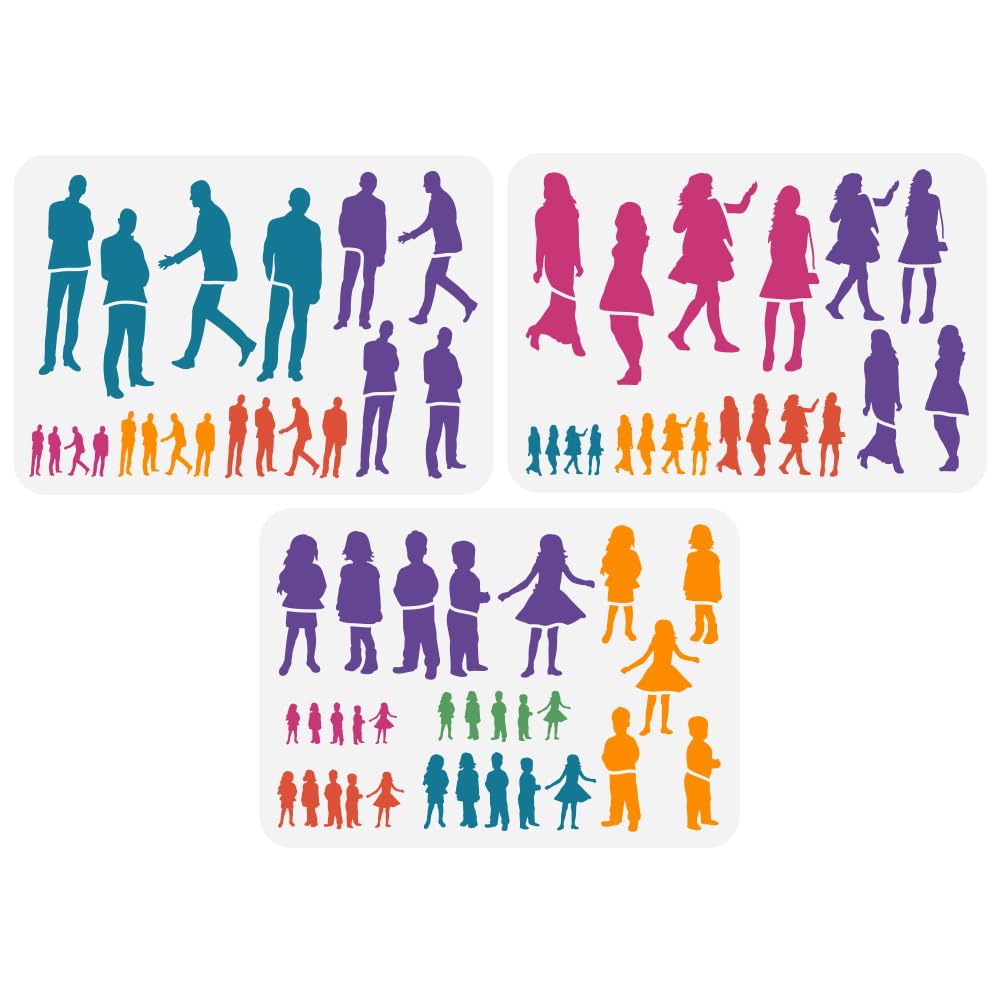 FINGERINSPIRE 3Pcs Human Figure Painting Large Stencil 8.3x11.7 PET Male Female Boys Girls Figures Model Spraying Big Stencil Reusable Human Body Silhouette Wall Stencil Creative Hollow Out Template