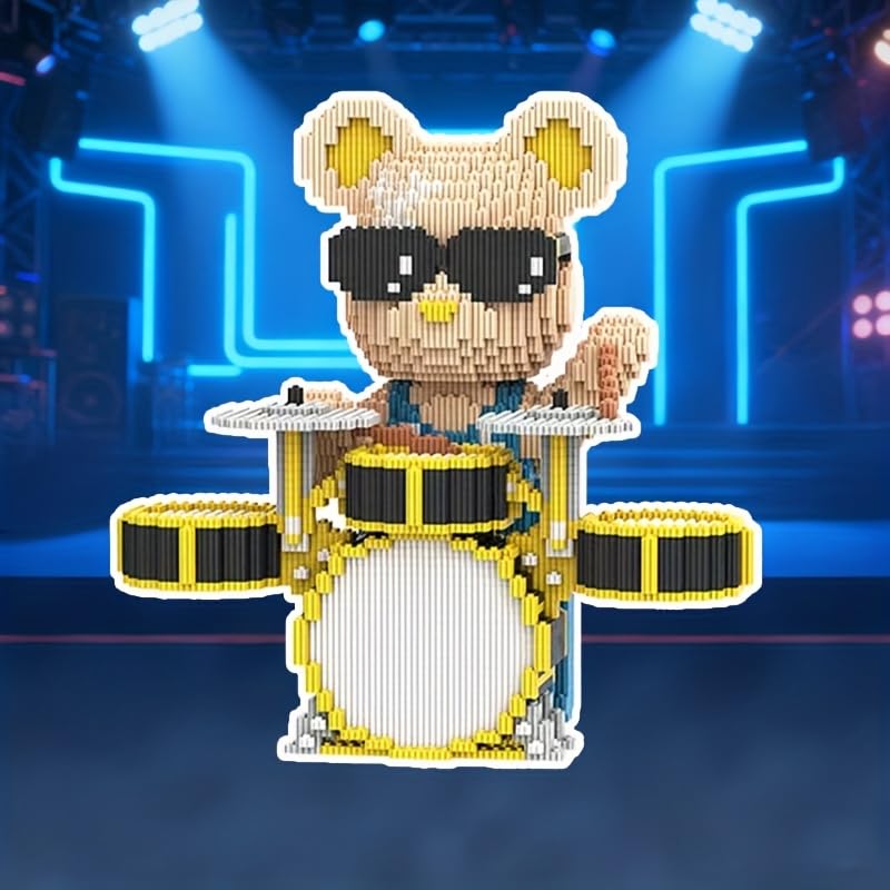 Drummer Building Block Bear Sculpture 27cm Tall, 2500+ PCS Music Brick Figure with Drum Set, DIY Collectible Display Toy - Image 2