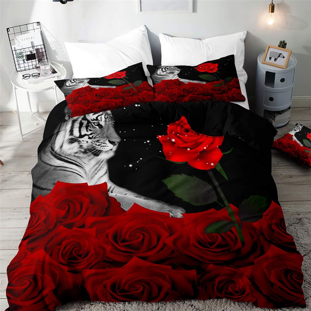 Morbuy Boys Red Duvet Cover Set For Single Double Super King Size Bed, 3D Rose Printed Microfiber Bedding Sets Duvet Set With Pillowcases And Quilt Case (,Single-135X200cm)
