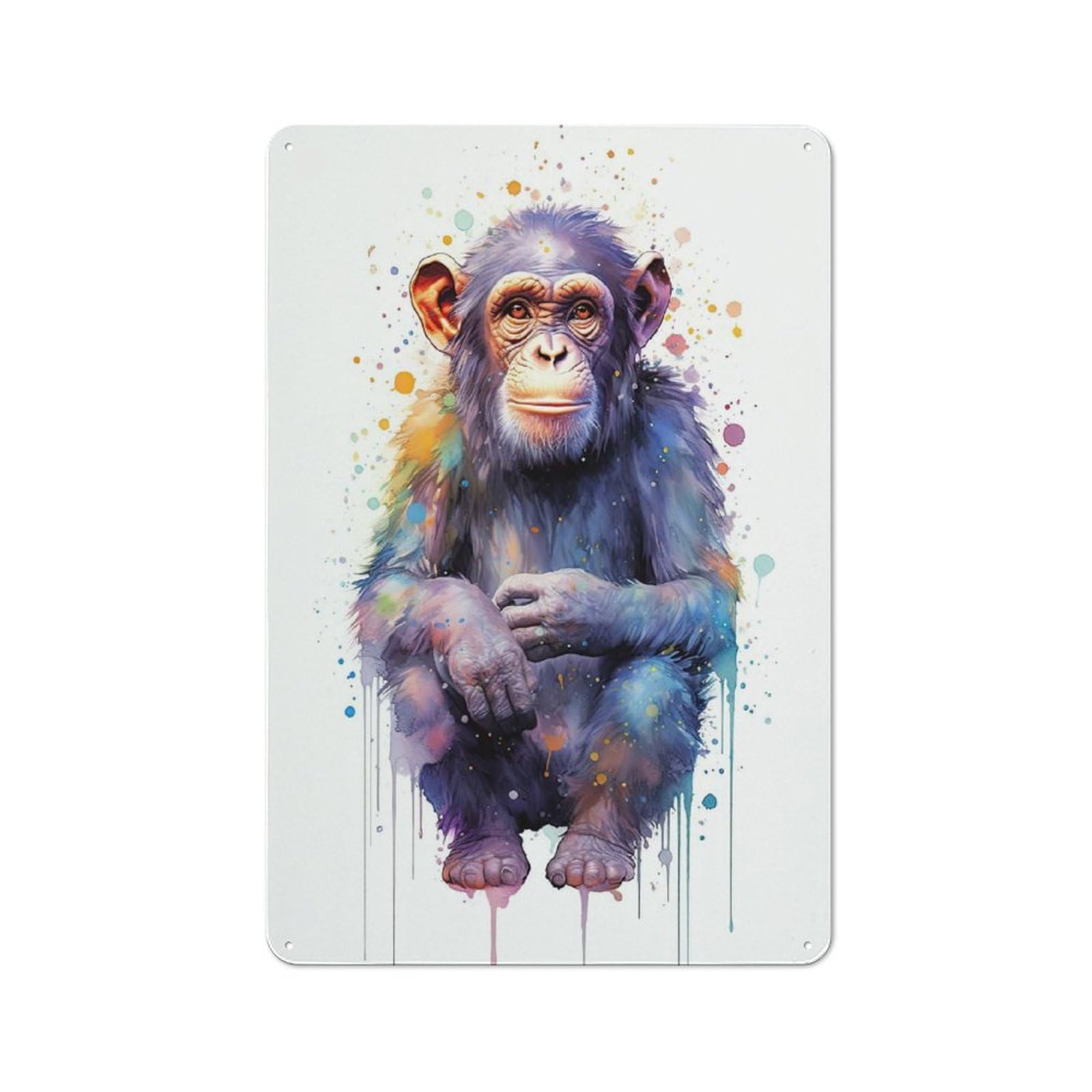 Watercolor Monkey Painting Old Style Metal Wall Decor 30x20cm, Decorative Tin Plaque for Cafe, Pub, Workshop Or Home Bar
