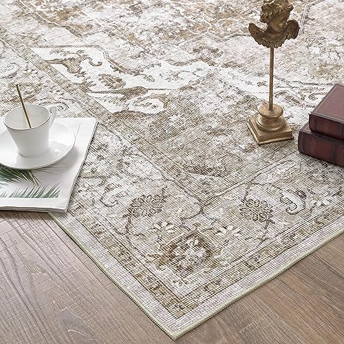 TOPICK Fußmatte Waschbar 60x90cm Braun Kurzflor Türmatte Vintage Innenbereich Faltbar Dünner Teppich Retro Distressed Multi Blumendruck Land Boho rutschfest Küche Schlafzimmer