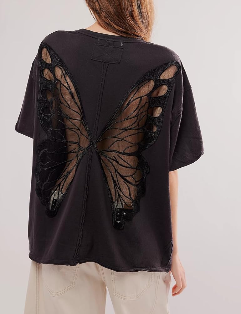 Women Butterfly Shirts Top Short Sleeve Sheer Cutout Tee Tops Y2k