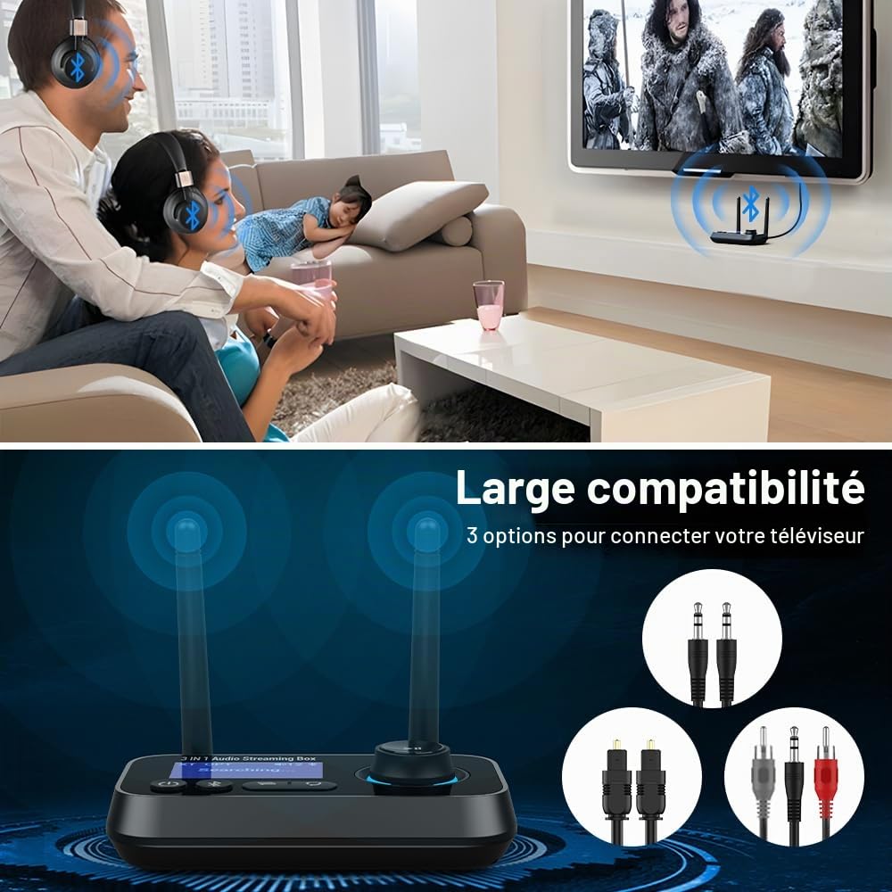 Émetteur Récepteur Bluetooth 3 en 1 avec Double Connexion Adaptateur Audio Bluetooth 5.3 Transmetteur Receveur Bypass avec RCA/Optique/AUX Contrôle du Volume vers TV, Stéréo, Écouteurs