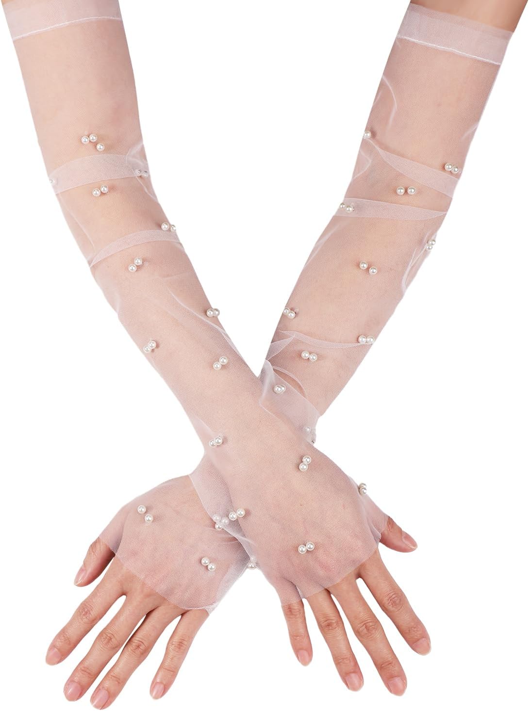 2pcs Pearl Gloves, 18inch Pearl Gloves Fingerless Tulle for Women Tulle Long Bridal for Opera Halloween Costume Party Dance (White)
