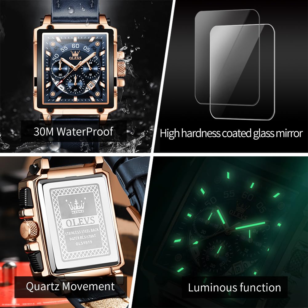 OLEVS Watches for Men Quartz Chronograph Leather Fashion Dress Watch Date Waterproof Luminous Casual Square Business Wrist Watches