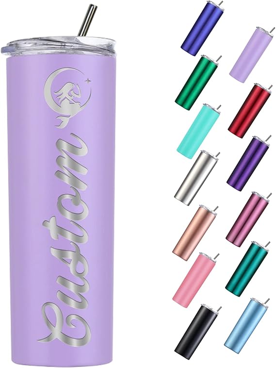 Personalized Slim Cups with Lids and Straws, 20oz Custom Laser Engraved