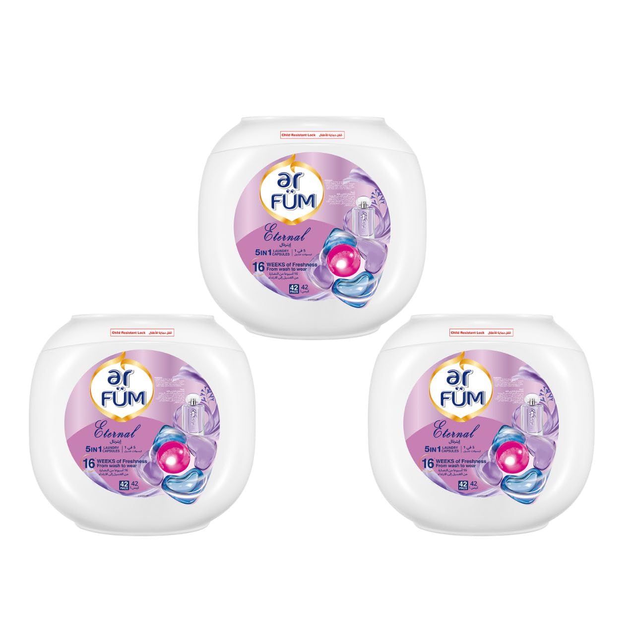 ArFum PODS, 5-in-1 Laundry Detergent Capsules with Scent Booster, Detergent Concentrate, Softener, Color Protect, Stain Remover, 16 Weeks Fragrance, 42 Pods, Eternal,Pack of 3 X 42 Pods (126 Capsules)