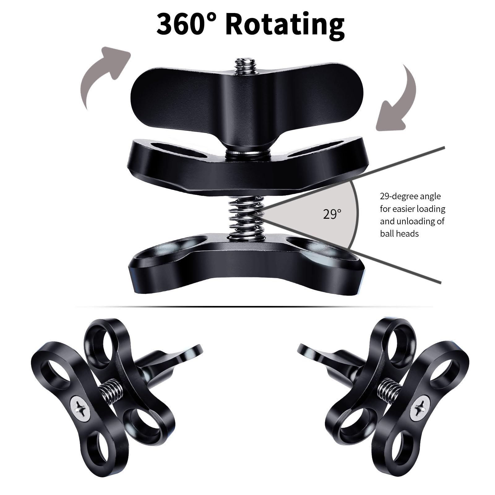 1'' Aluminium-Kugelschelle für Unterwasser-Tauchlicht-Arme-Tray-System, 360° Clip Adapter Halterung für Action-Kamera-Taschenlampe-Arme-System, Fotografie-Tauchkamera (2PCS)