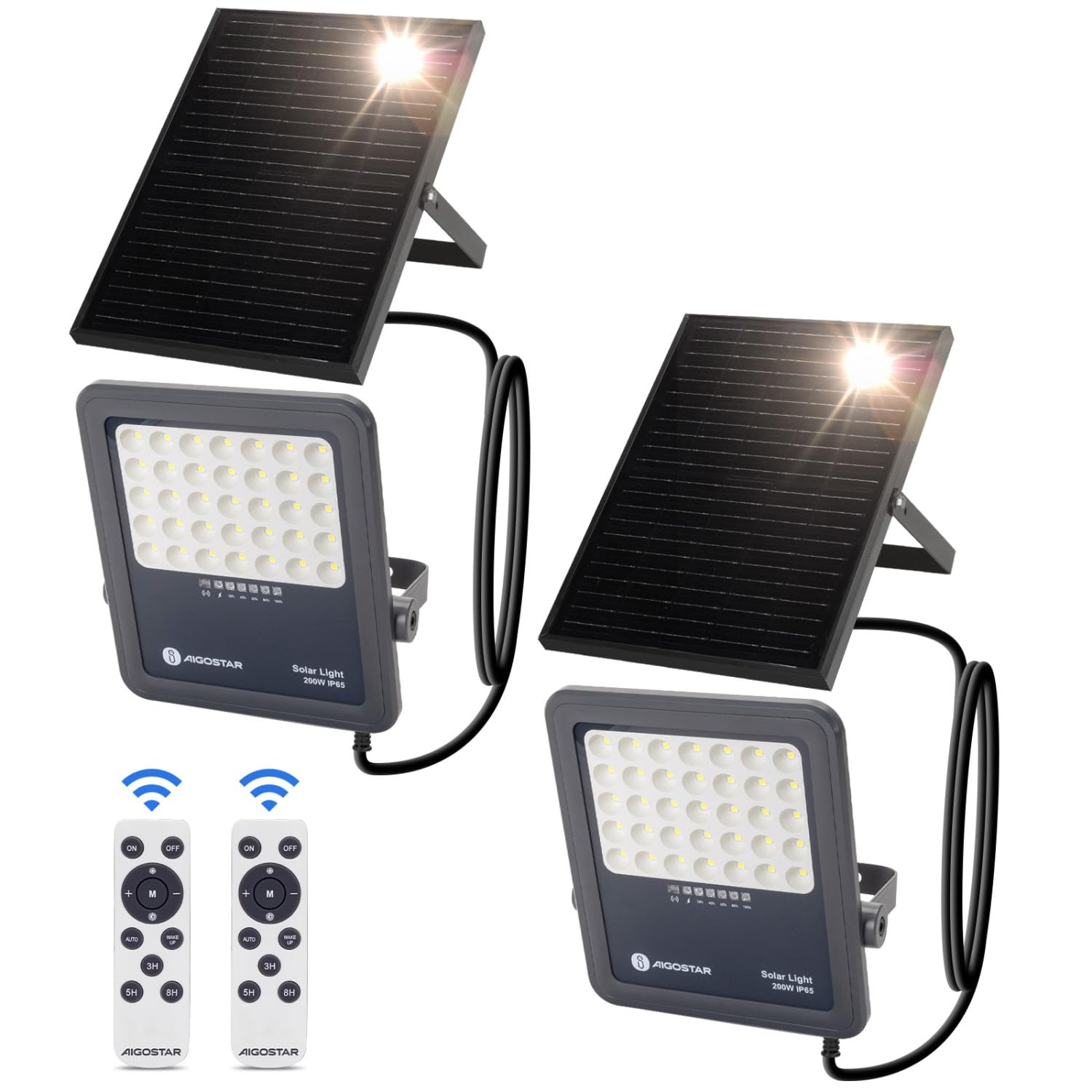 Aigostar Foco proyector LED solar con control remoto,Focos solare de 200W,2000LM,luz blanca fría de 6500K,IP65 impermeable Luz solar exterior,para jardín,terrazas,garajes,cable de 2M,Paquete de 2