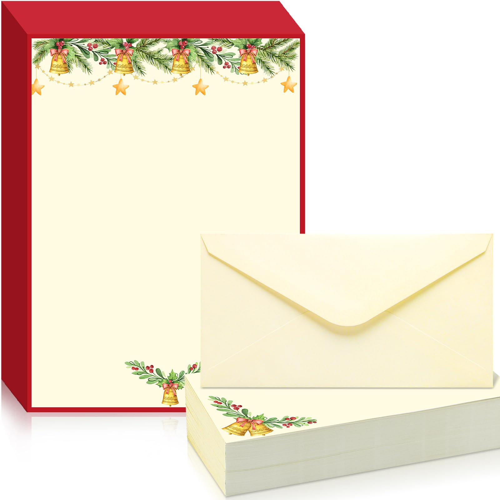 Chiisong 160 Pcs Christmas Stationery Paper Antique Bells Letterhead and Envelopes 80 Christmas Bells Letter Paper 80 Bells Holiday Envelopes for