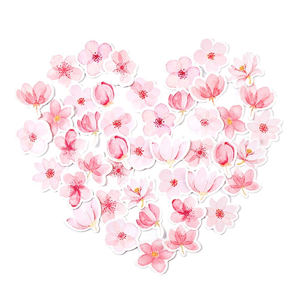 Hugede Pink 225 Pcs Small Cherry Blossom Kawaii Stickers For Scrapbook, Notebook, Laptop, Phone Case; Matte Vinyl; Indoor Use; Sakura Design; Heart Shape