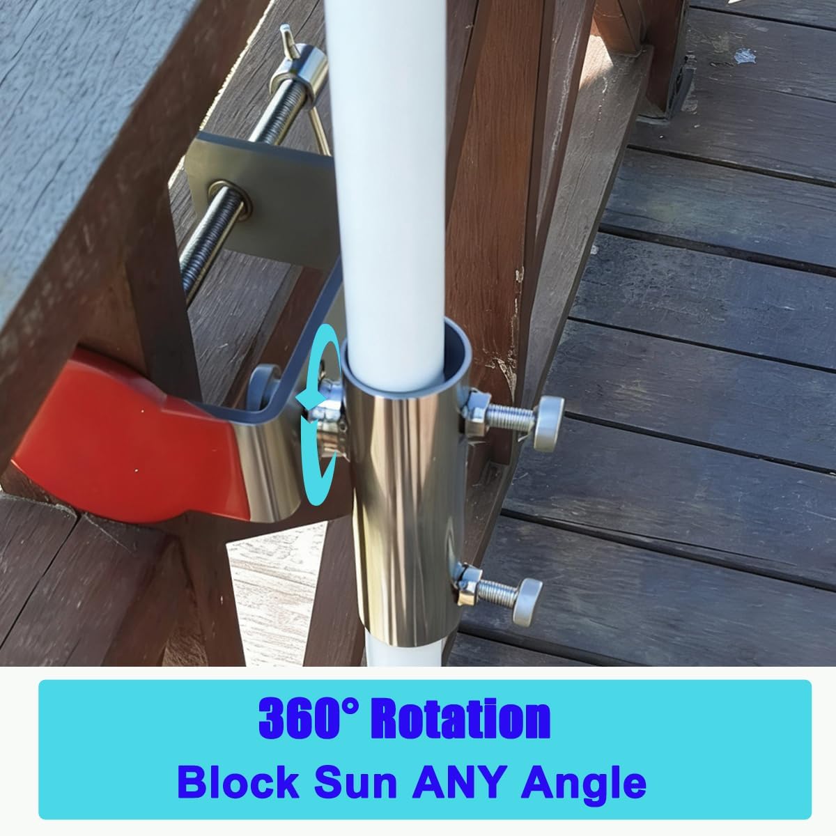 JINHAN Stainless Steel Patio Umbrella Clamp - 360° Rotatable Balcony Railing Holder for Bleachers, Fence & Outdoor Deck