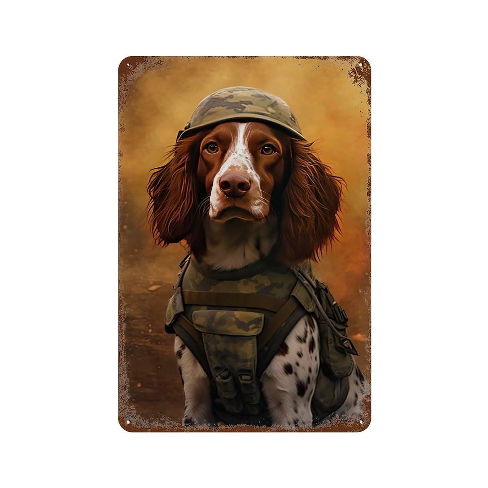 Aged Metal Wall Plaque with Brittany Spaniel Soldier Design 11.8"x7.9", for Pub, Kitchen And Man Cave Decor, Shabby Chic Decor