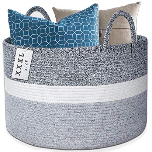 Mod and Main XXXL Blanket Basket - Large Woven Basket - Extra Large Storage Baskets Woven - Large Blanket Basket Living Room - Big Cotton Rope Basket - Toy Basket - 22" x 22" x 14" - Color Grey