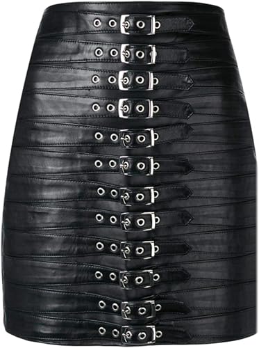 Mini falda sexy de cuero de cordero negro suave de cintura alta con hebilla para mujer