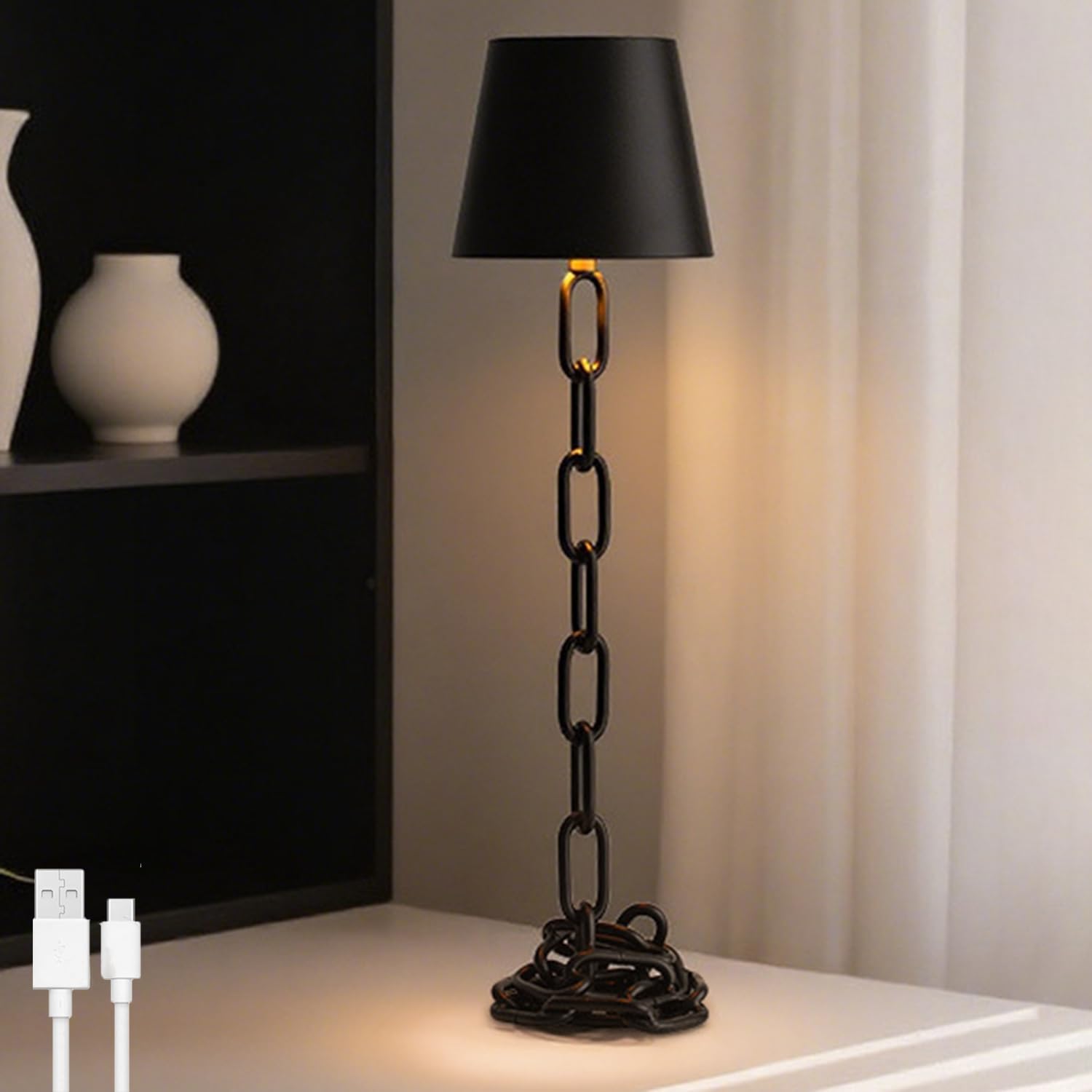 OOWOKS Wireless Touch Table Lamp for the Bedroom Industrial Iron Chain Design 3 Colour Temperatures Dimmable USBC Rechargeable Bedside Lamp Black Modern Decorative Lamp Rechargeable Table Lamp