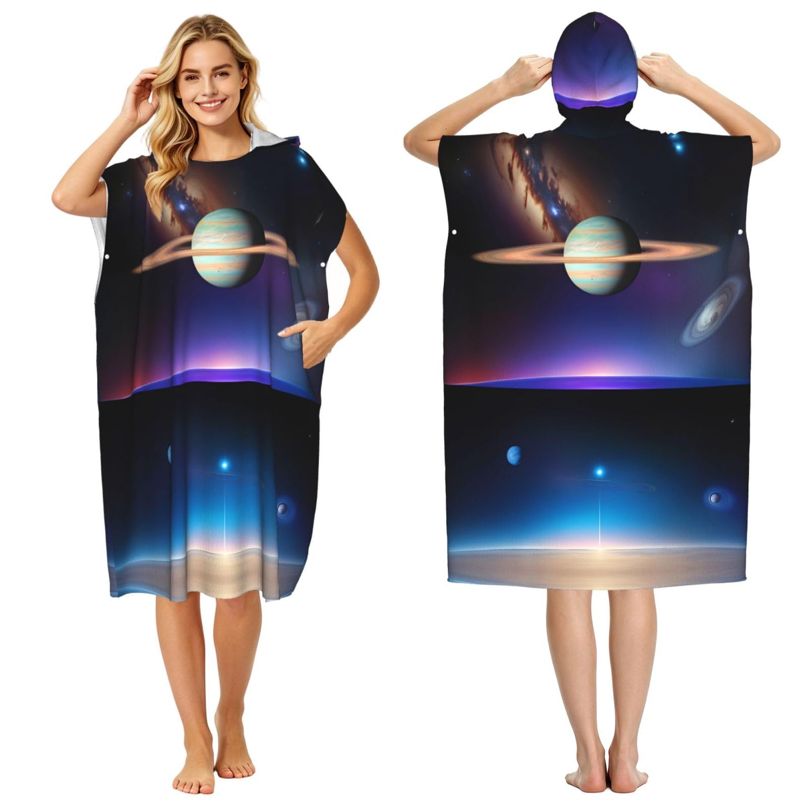Zaixiansj 110cm Cosmic Saturn Print Adult Changing Robe Hooded Towel Poncho Surf Swim Beach Cover Up with Pockets