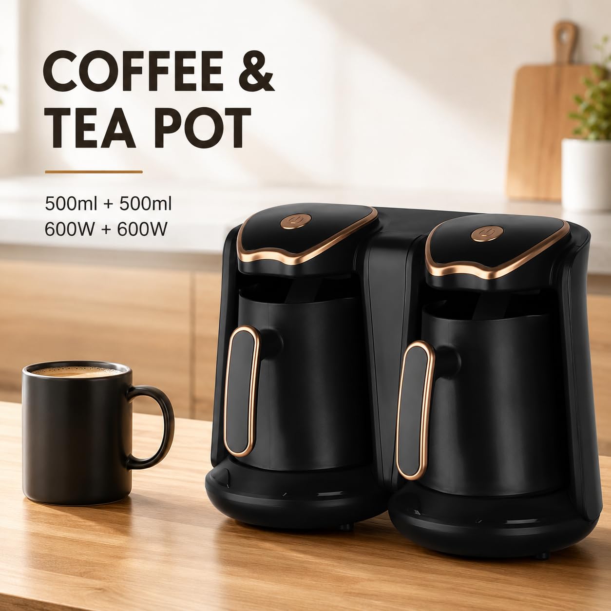 Macchina da caffè turca elettrica, 1200 W, doppia pentola, capacità 1 l, protezione anti-trabocco e a secco per una perfetta infusione
