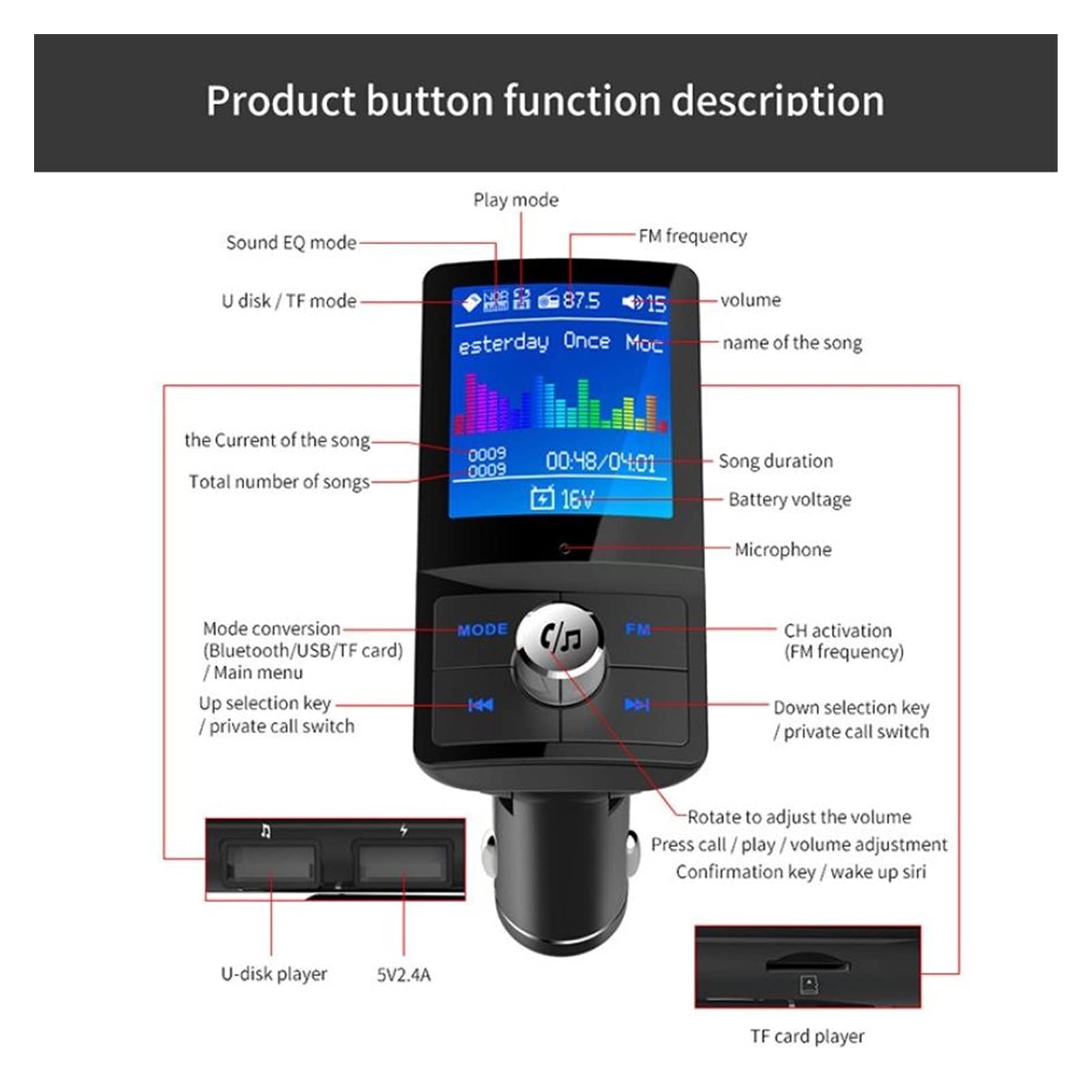 Adattatore Audio Bluetooth. Schermo da 1,8 Pollici Dual Dual USB One Touch rispondendo a Sette Lingue Trasmettitore Auto FM TRASMETTORE VELOCK VELOCK VALUTATORE Auto Charger Kit Bluetooth 4.2