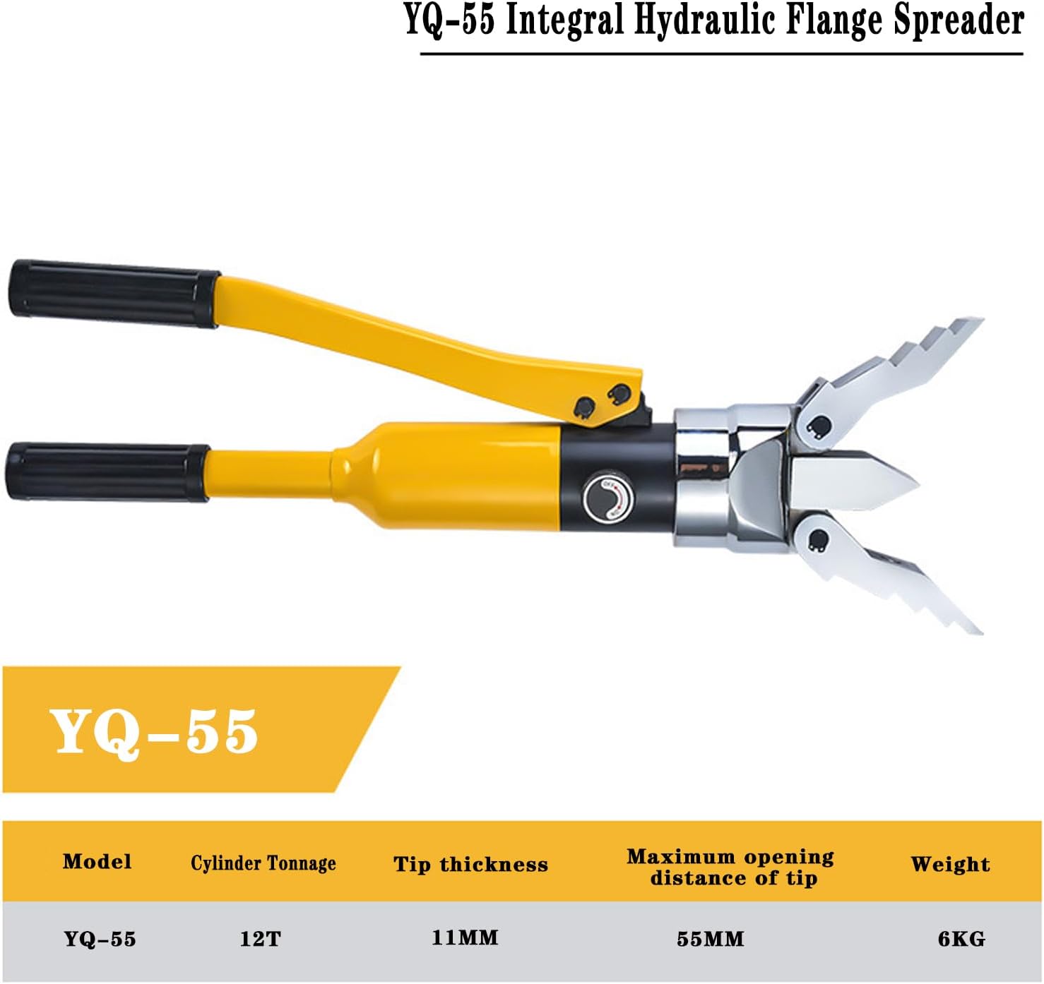 Diagram showing the YQ-55 Hydraulic Flange Spreader with a table of specifications including Model, Cylinder Tonnage, Tip Thickness, Maximum Opening Distance of Tip, and Weight.