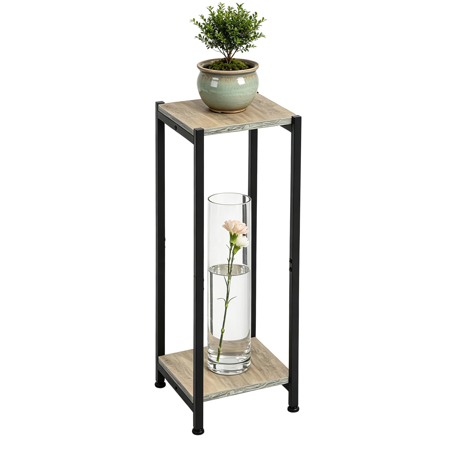 Zoapion 31 Inch Tall Plant Stand,Plant Stands Indoor,2 Tier Heavy Duty Metal and Wooden Flower Stand for Multiple Plants,Greige and Black