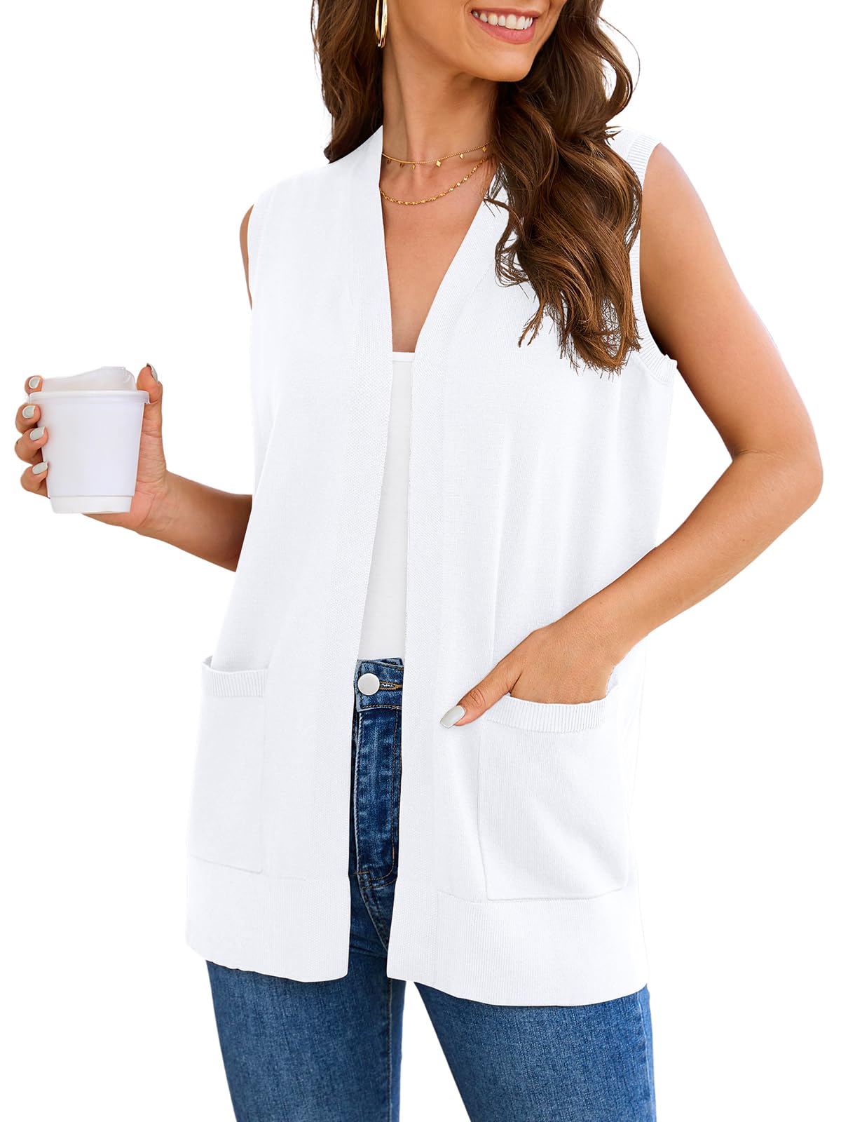 Wiwclo Veryoung Women Vests Fashion Casual Sleeveless Cardigan Sweaters Soft Knit Dressy Ladies Sweater Vest with Pockets