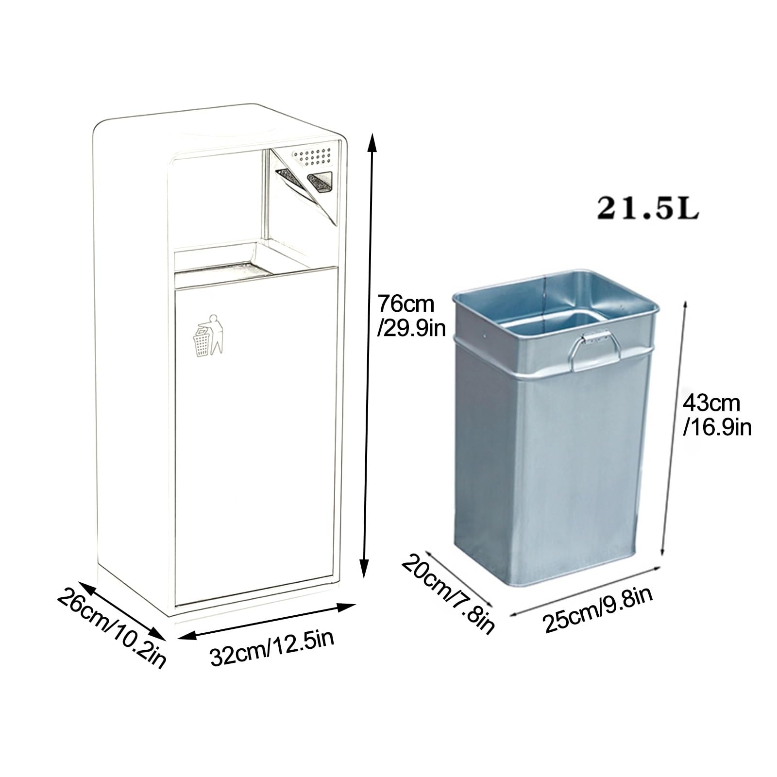 Outdoor Trash Can with Ashtray, Modern Square Metal Wastebasket, Ash Tray Container for Home and Patio(Gray)